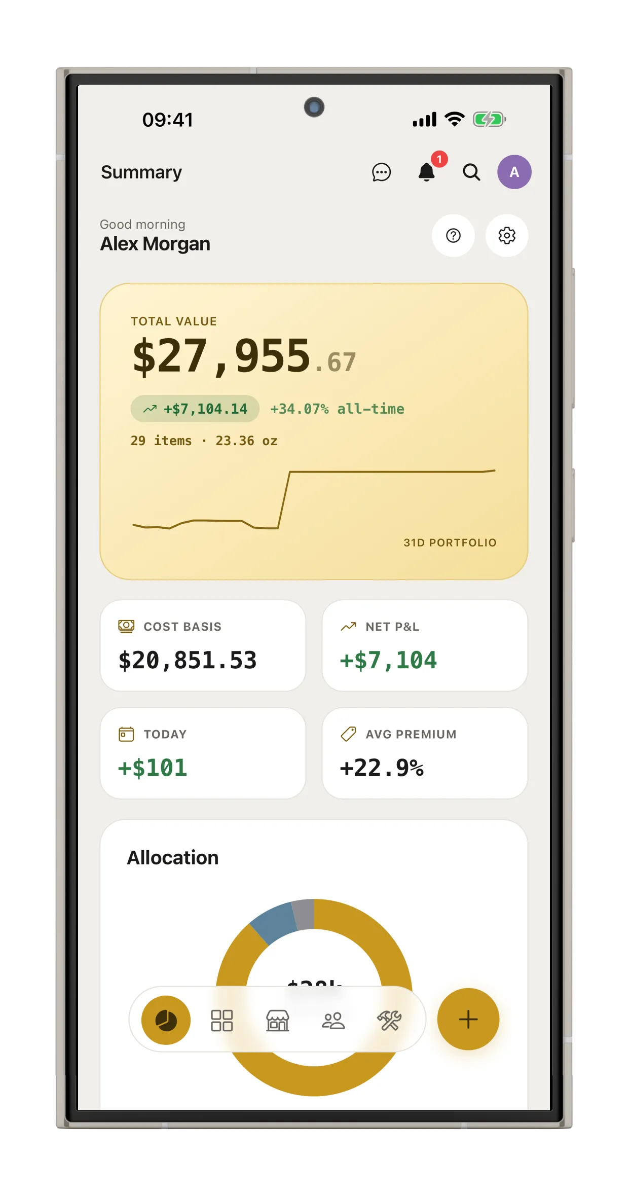The portfolio summary screen on a phone, with live valuations