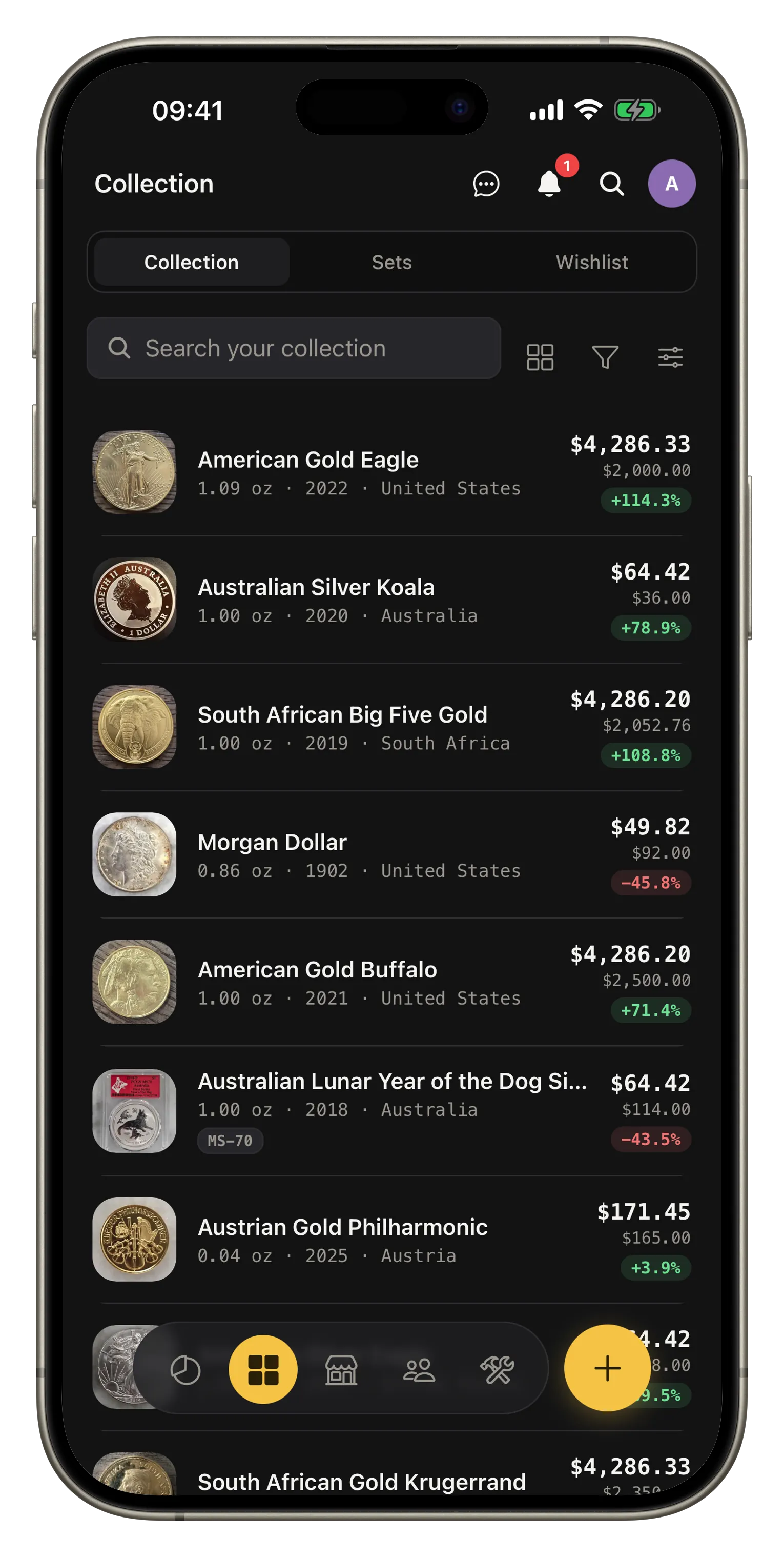 The collection list on a phone, in dark mode