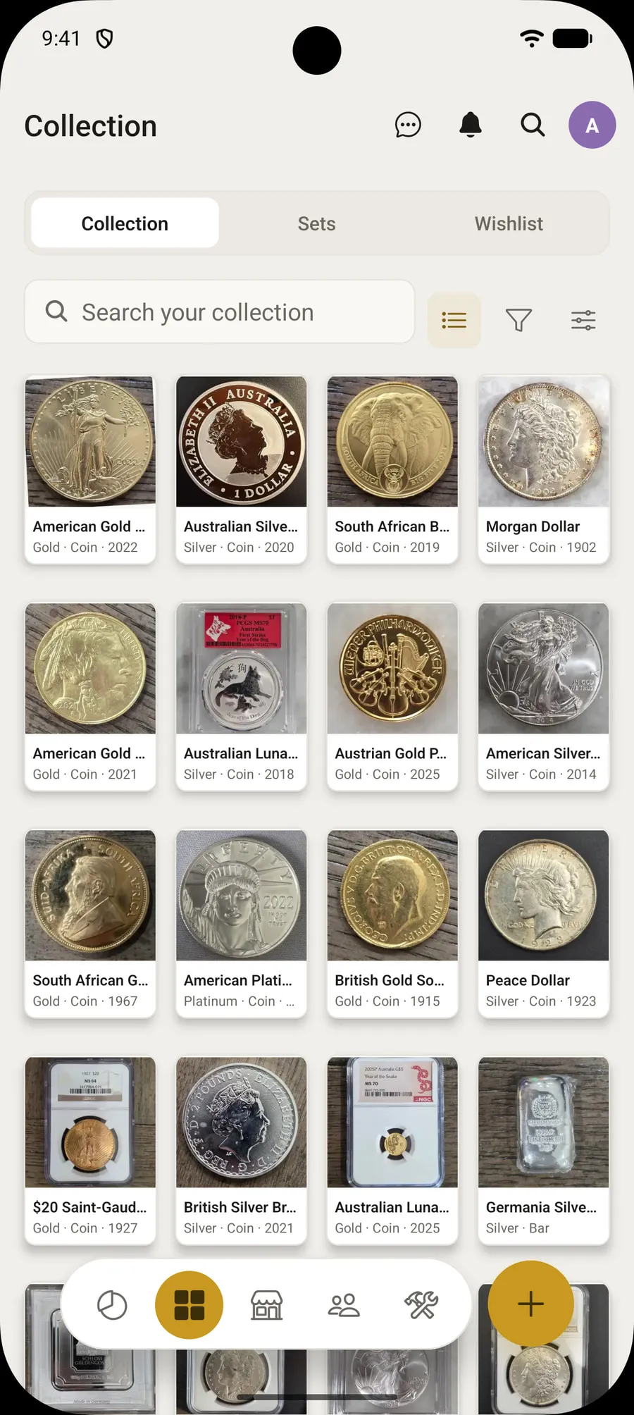 My Coin Stack on an Android phone, showing a collection of gold and silver coins as a photo grid