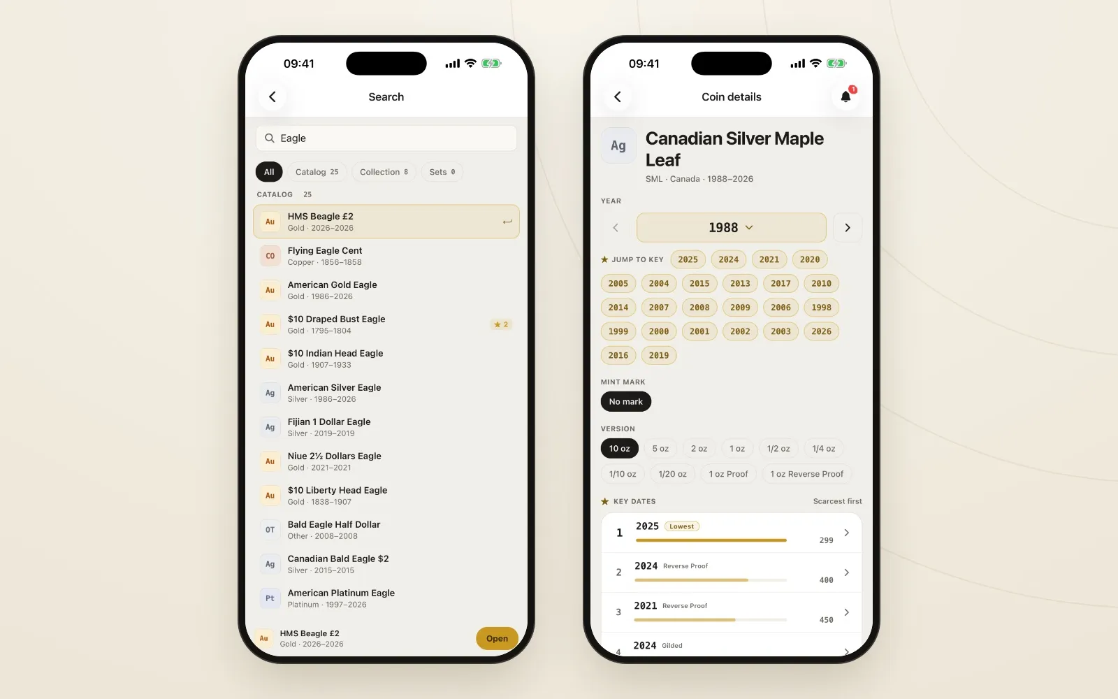 Searching "Eagle" across 25 catalog coins and 8 collection items, beside the Canadian Silver Maple Leaf catalog page with its key-date years, sizes and finishes