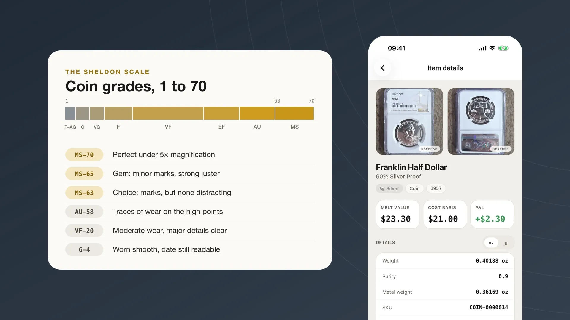 A chart of the Sheldon grading scale from Poor to Mint State, beside a My Coin Stack item page for a 1957 Franklin half dollar in an NGC PF 68 holder