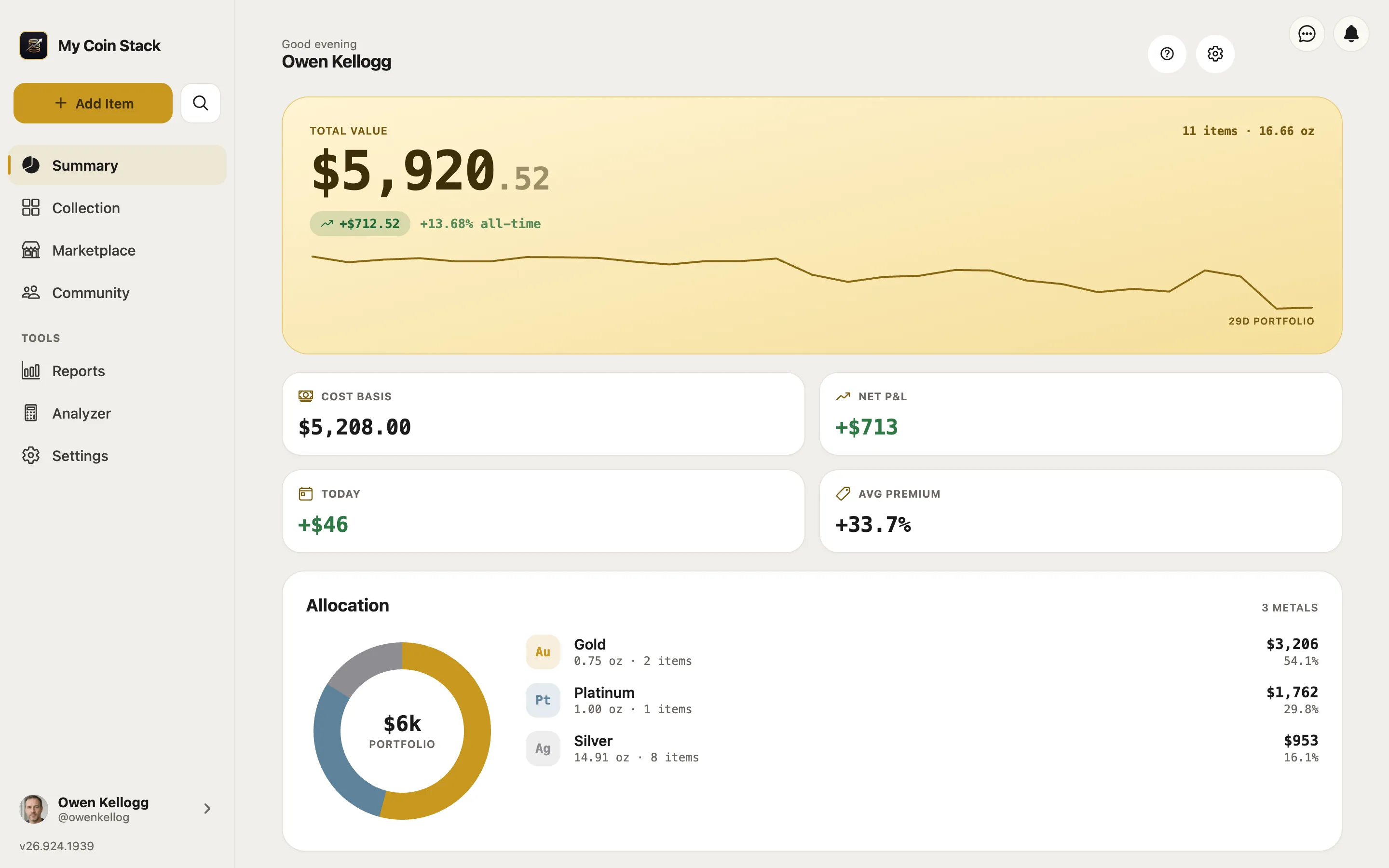 My Coin Stack in a web browser on a laptop, showing the portfolio summary with total value, metal allocation and spot prices