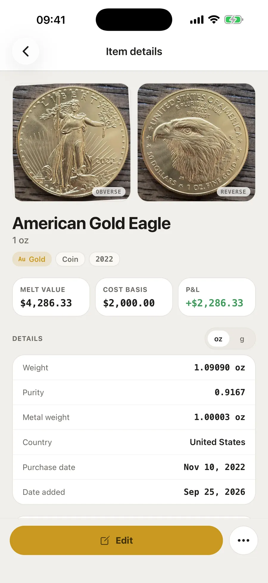 My Coin Stack on an iPhone, showing an American Gold Eagle's photos, melt value, cost basis and profit