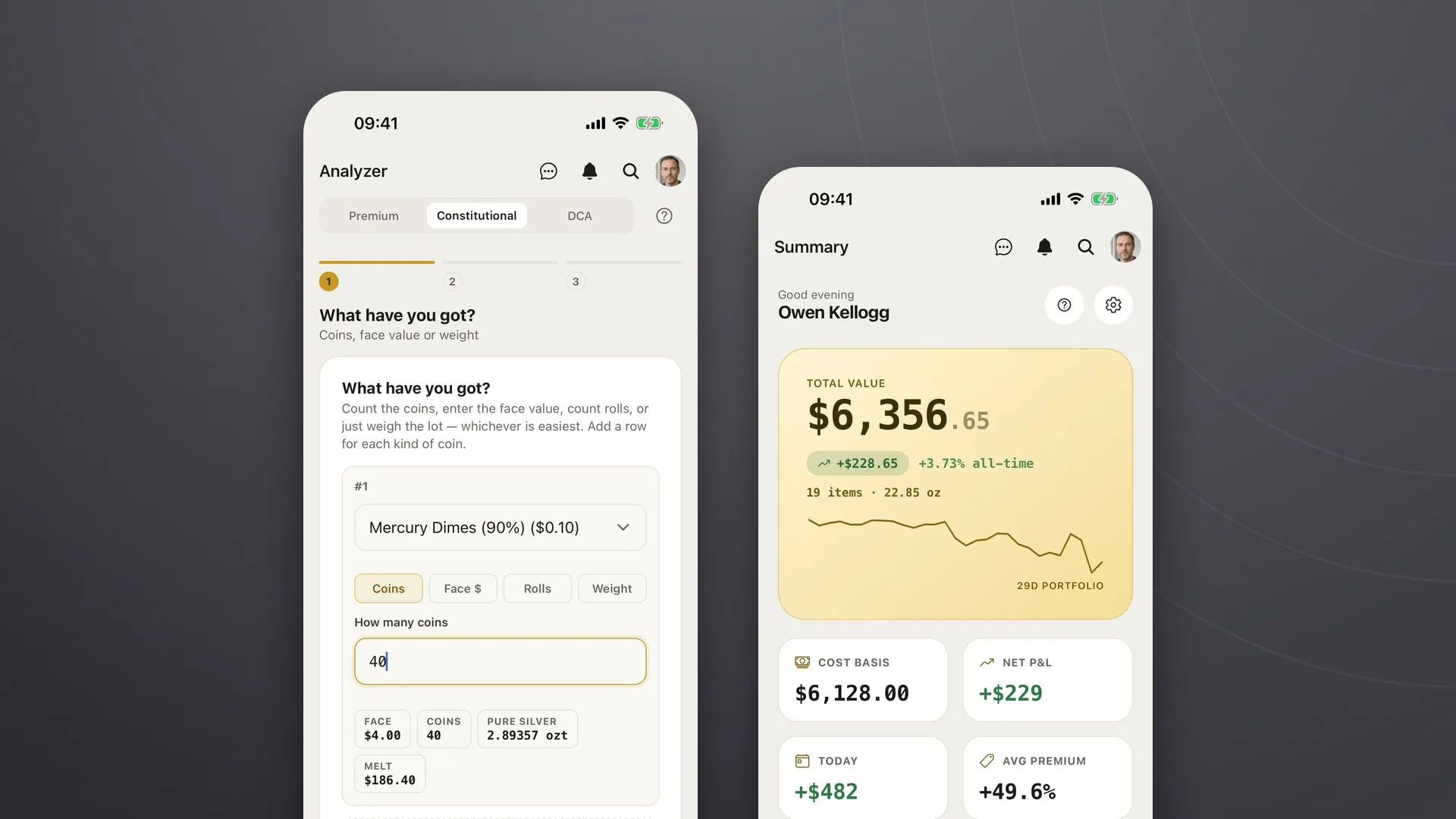 Two phone screens from My Coin Stack: the constitutional silver calculator valuing 40 Mercury dimes, and the portfolio summary