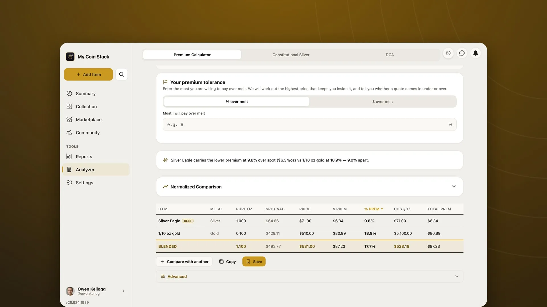 The My Coin Stack premium calculator comparing an American Silver Eagle with a 1/10 oz gold coin, showing melt value, premium and cost per ounce