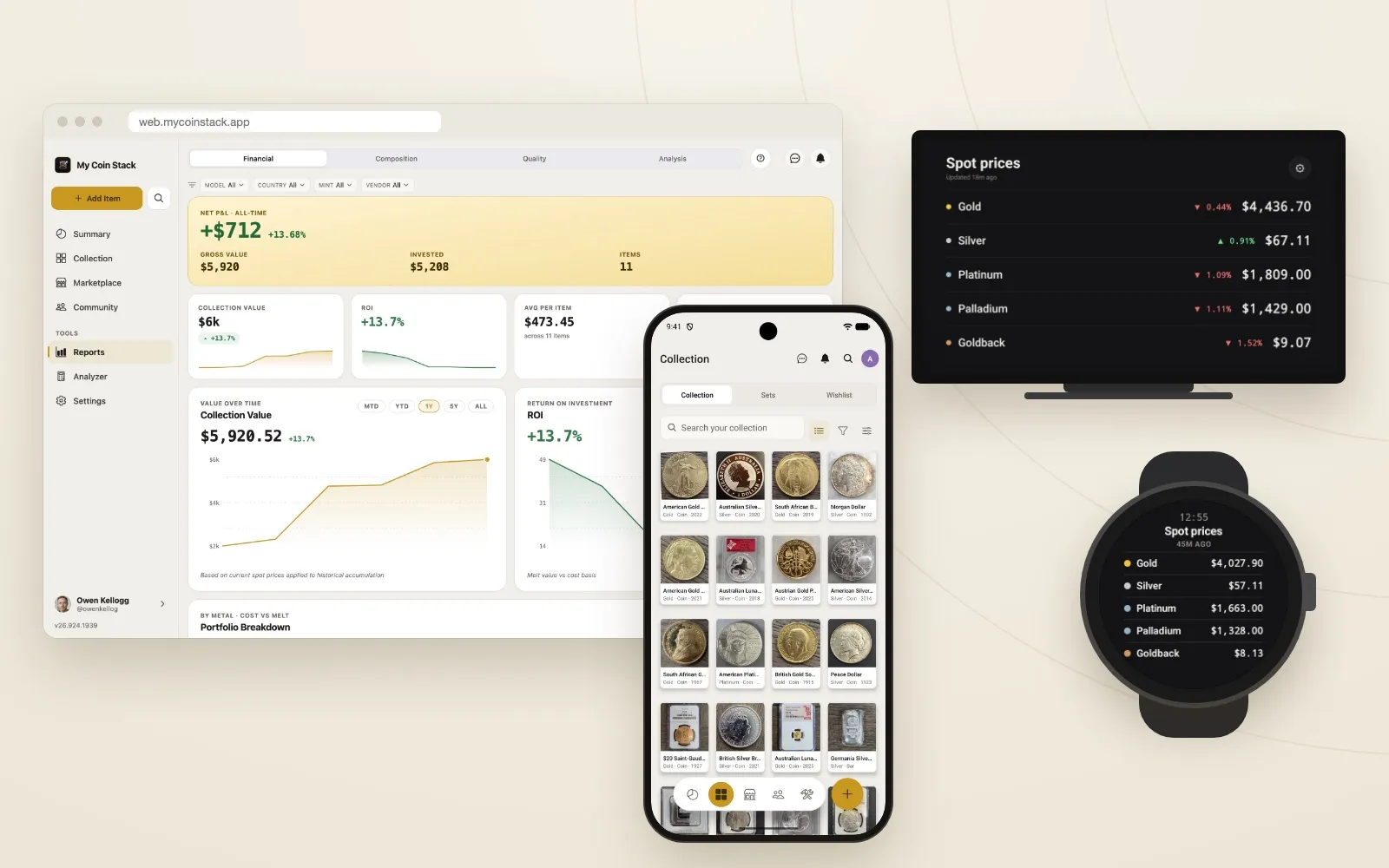 My Coin Stack on a web browser, a phone, a TV and a smartwatch, all showing the same collection and spot prices