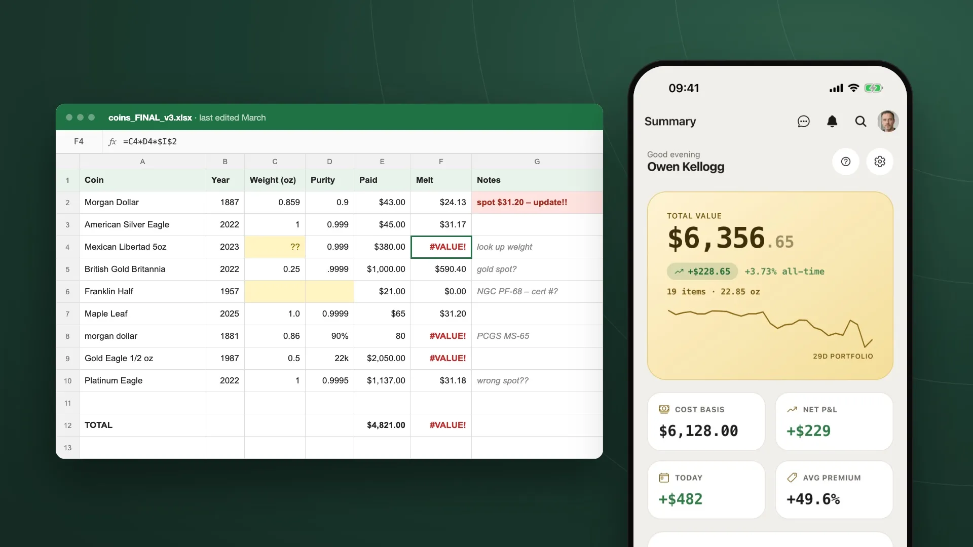A coin spreadsheet full of #VALUE! errors and a stale silver spot price, beside the My Coin Stack summary showing total value, cost basis and profit