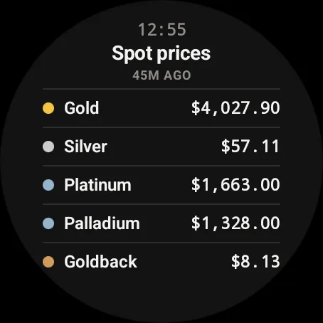 My Coin Stack on a round smartwatch, showing live spot prices